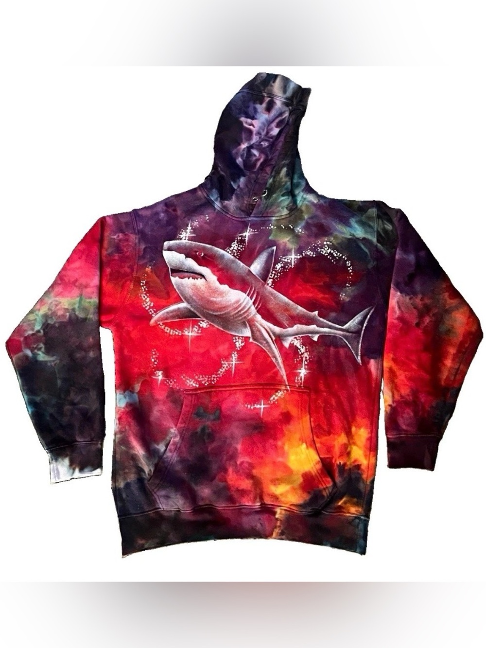 Hand painted Great White Shark  Tie-Dye Hoodie in Red & Purple multicolor